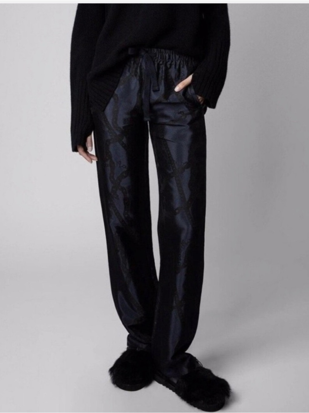 Zadig & Voltaire Black Satin Wide-Leg Drawstring Trousers